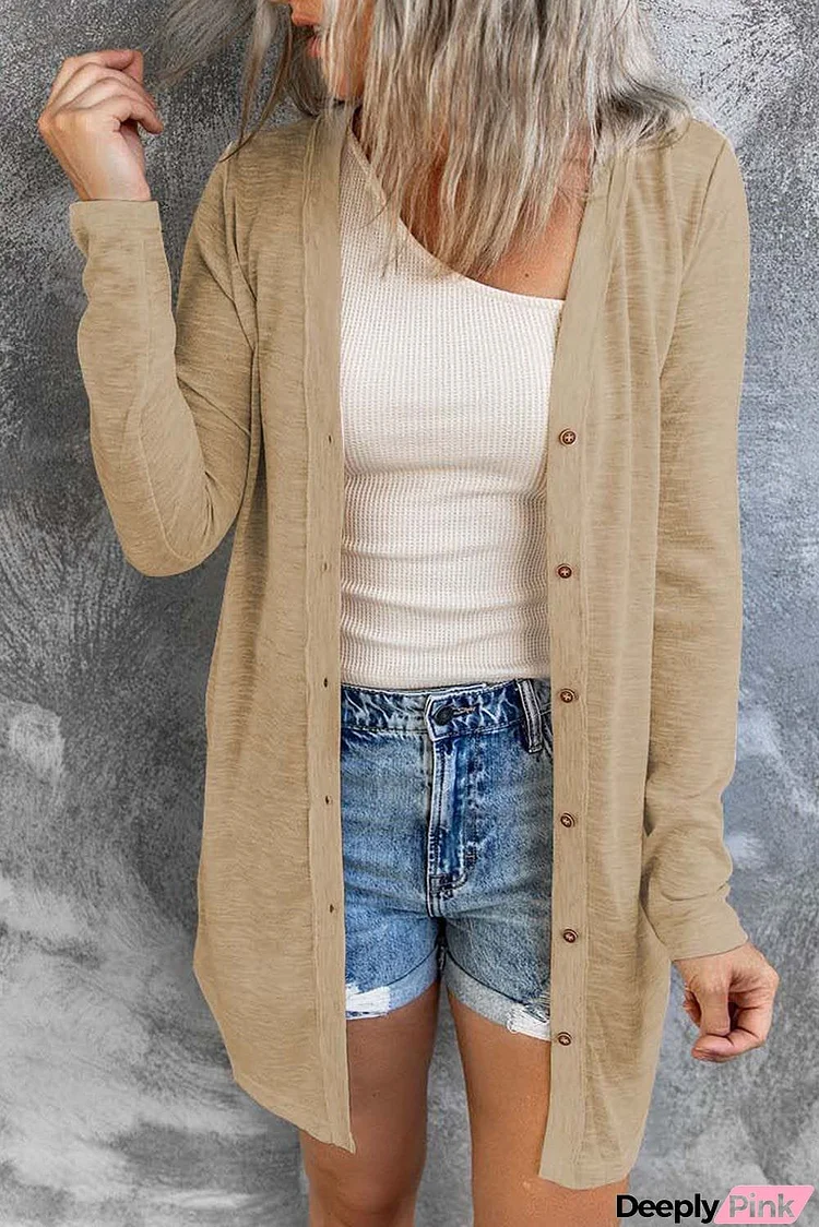 Solid Color Open-Front Buttons Brown Cardigan