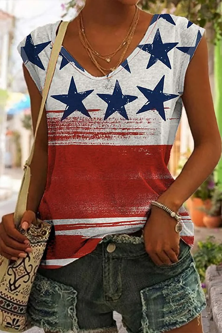 American Flag Print V Neck T-Shirt