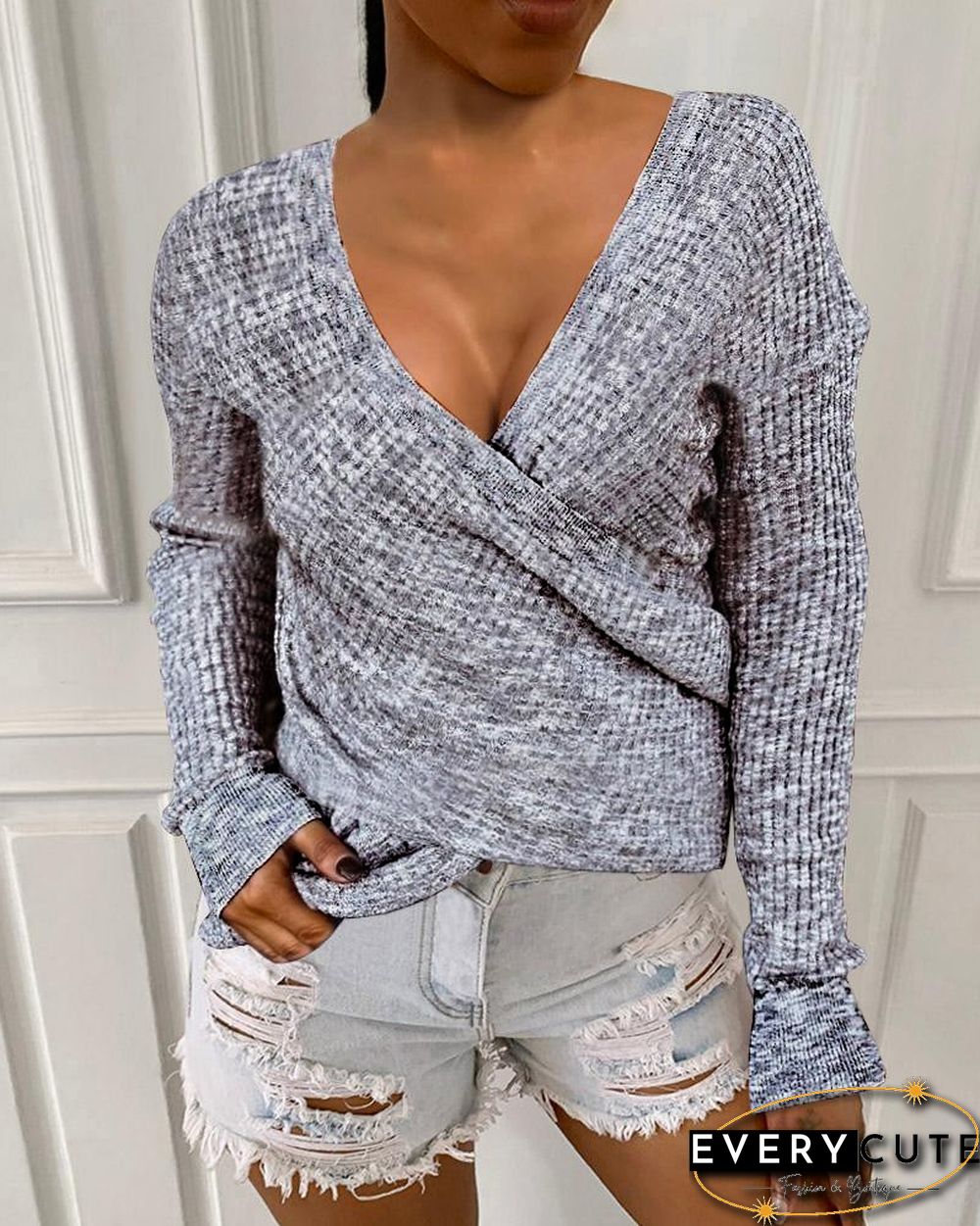 Long Sleeve Ribbed Surplice Casual Sweater