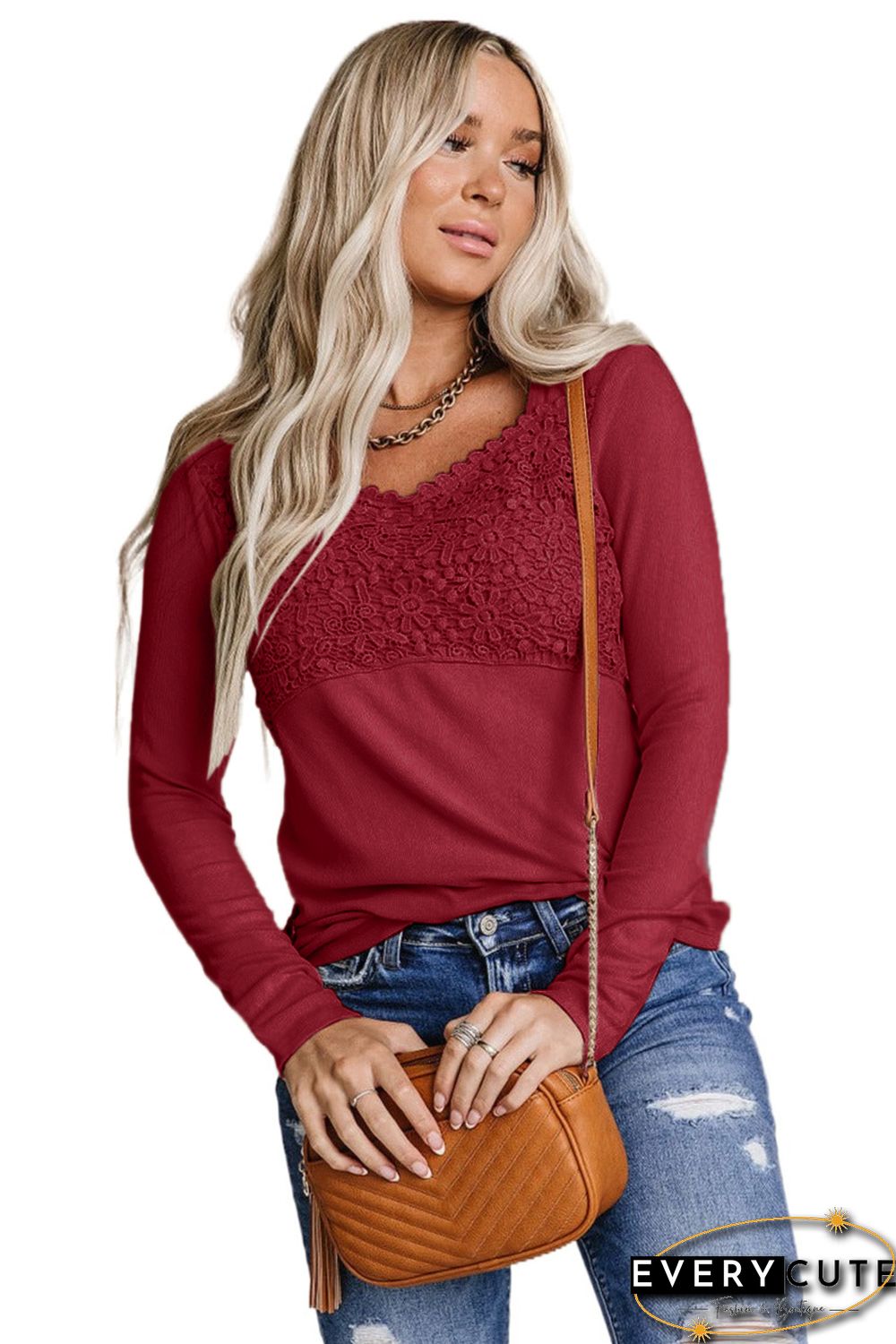 Red Lace Crochet V Neck Long Sleeve Top