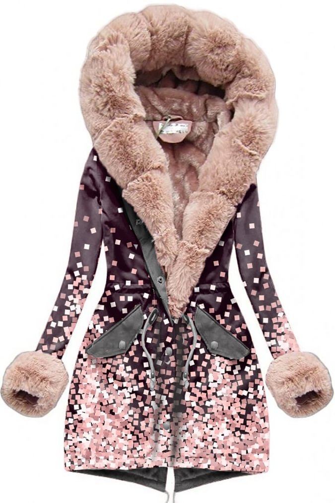 Women's Square Printed Fur Collar Jacket