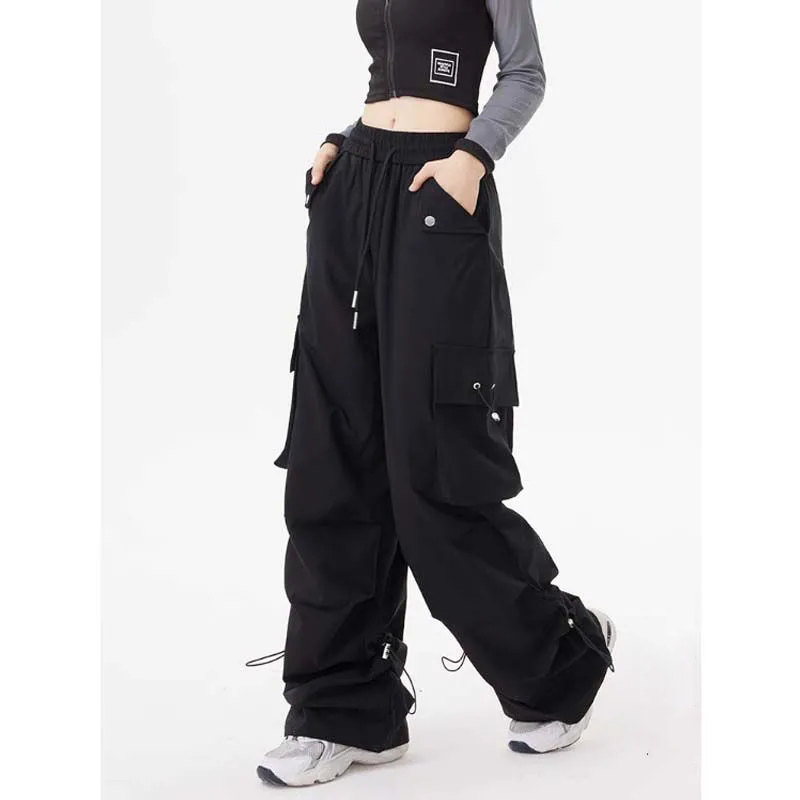 High Waisted Cargo Pants Loose Fit Color Blocking Straight Leg Pockets Autumn Season Bell Bottoms Couples American Style Casual