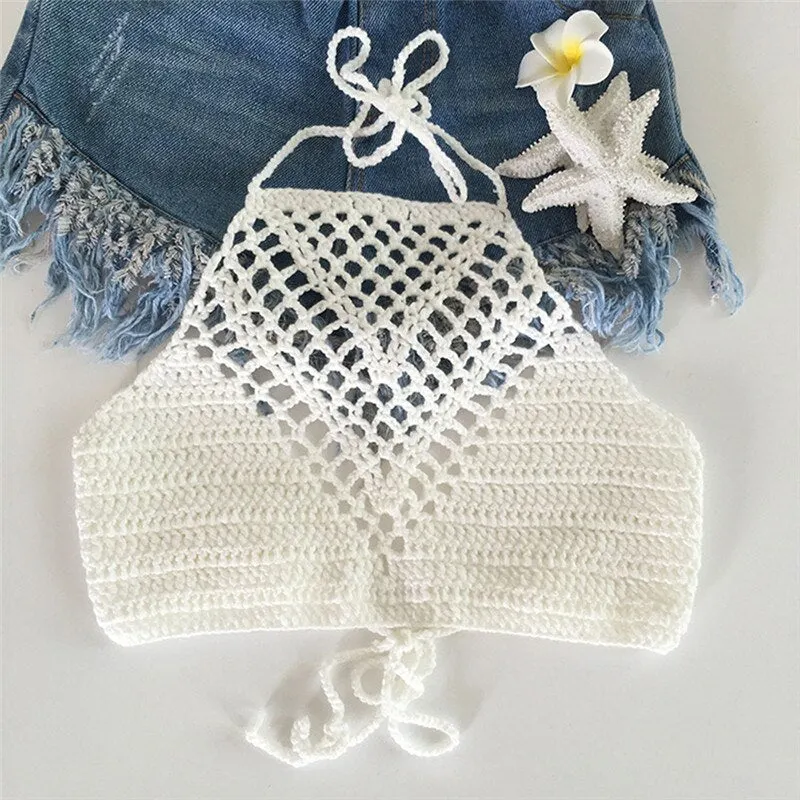 2021 New Bikini Top Crochet Women Boho Beach Bralette Solid Halter Knitted Swimsuit Bikinis Bathing Suit Top