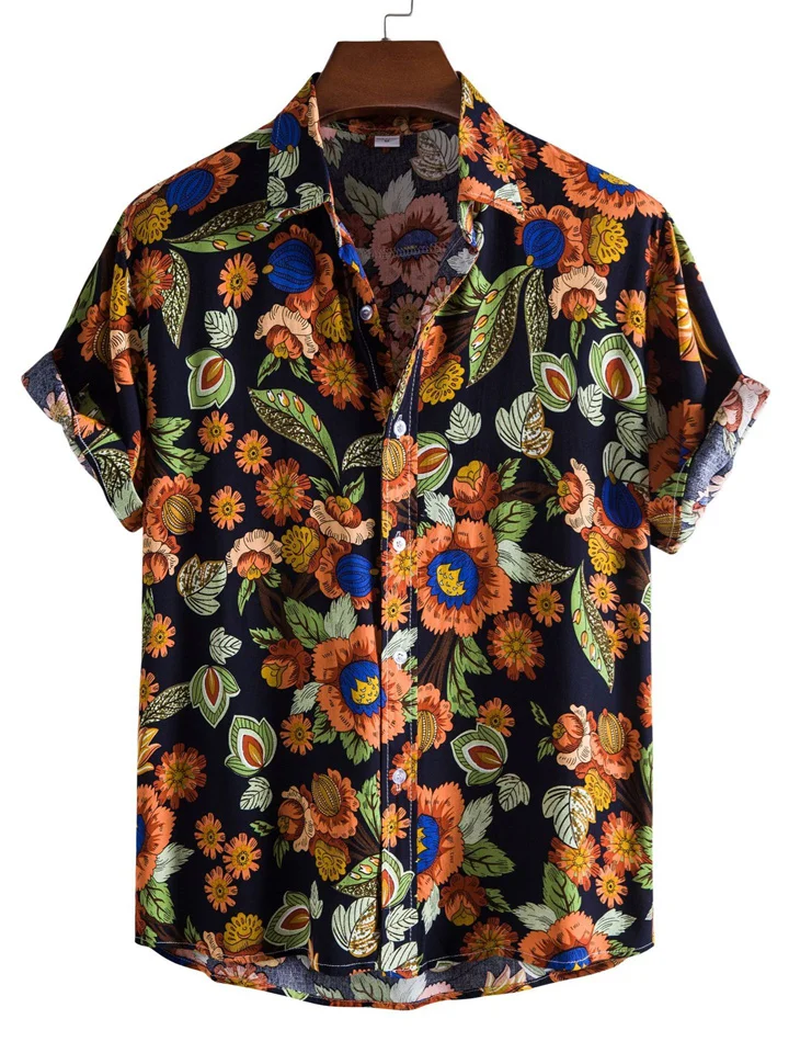 Summer New Floral Colorful Men's Casual Fashion Urban Short-sleeved Flower Shirt Lapel Cardigan Short-sleeved Thin Shirt