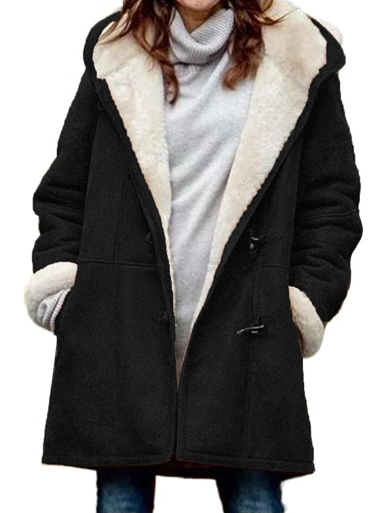 Toloer Clothes Women Jackets for Women 2022 Fashion Solid Color Long-sleeved Horn Buckle Hooded Cashmere Warm Oversized Coat