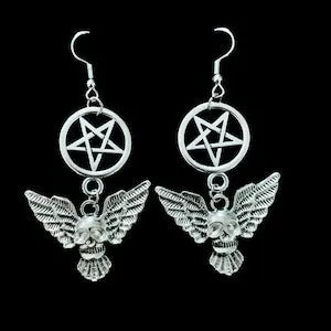 pornhint Pornhint Silver Winged Skull Pentagram Earrings - Goth - Nature - Pagan - Witchy - Warrior- Alternative - Mystical Twists -Hypoallergenic