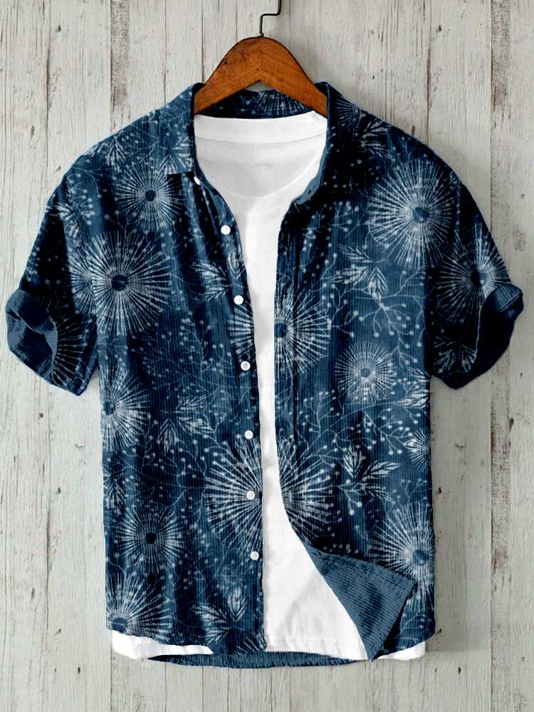 menweary Japanese Shibori Art Dandelion Pattern Linen Blend Shirt