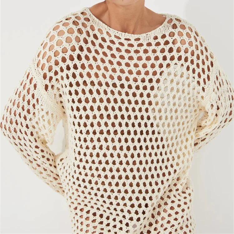 Uveng Uveng Hollow Beach Knitted Shirt Summer Seaside Vacation Long-Sleeved Sunscreen Cover