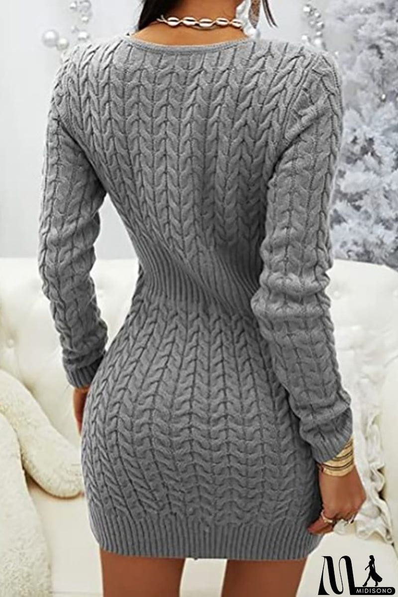 MidiSono - Zipper V Neck Bodycon Sweater Dress