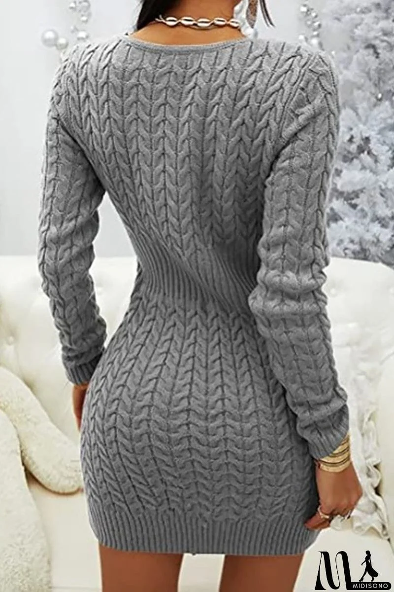 MidiSono - Zipper V Neck Bodycon Sweater Dress