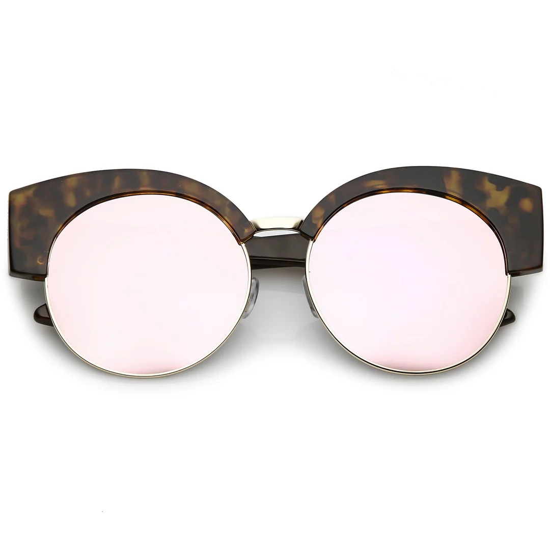 Women's Half Frame Oversize Cat Eye glasses Round Mirrored Flat Lens 59mm