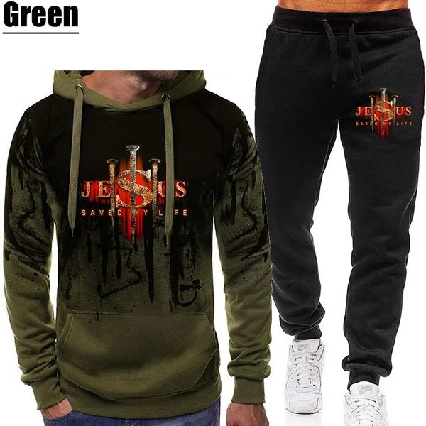 Men's Fashion Jesus Saved My Life Print Sportsuits Two Piece Suits Hooded Sweatshirts Long Pants Fashion Sets