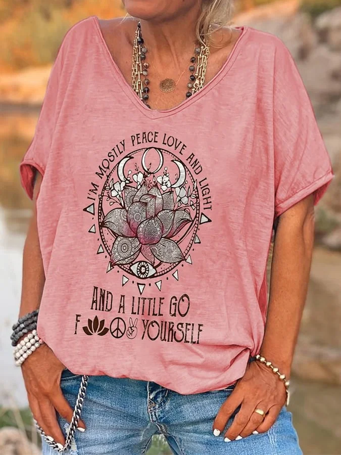 Women's I'm Mostly Peace Love And Light Print Casual T-Shirt