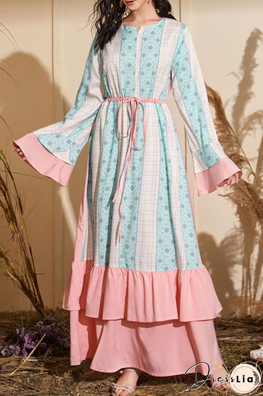 Fashion Casual Print Split Joint O Neck Waist Skirt Dresses