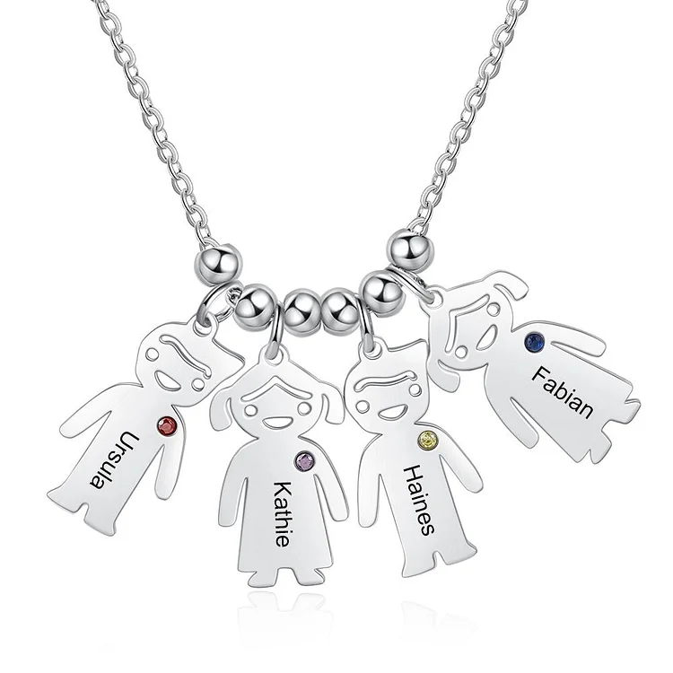 Mother Necklace with 4 Kids Charms Engraved 4 Names Personalized 4 Birthstones
