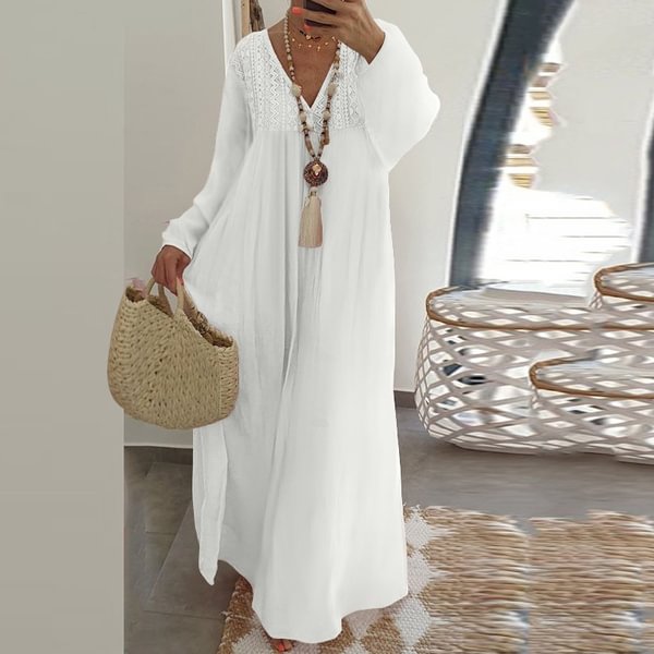 Women Pleated Ruffle Casual Cotton Dress V Neck Autumn Solid Color Maxi Dress - BlackFridayBuys