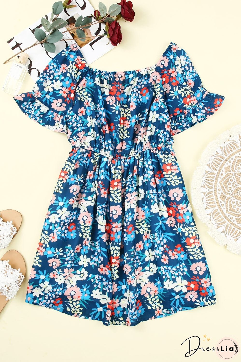 Blue Floral Ruffle Mini Dress with Square Neck