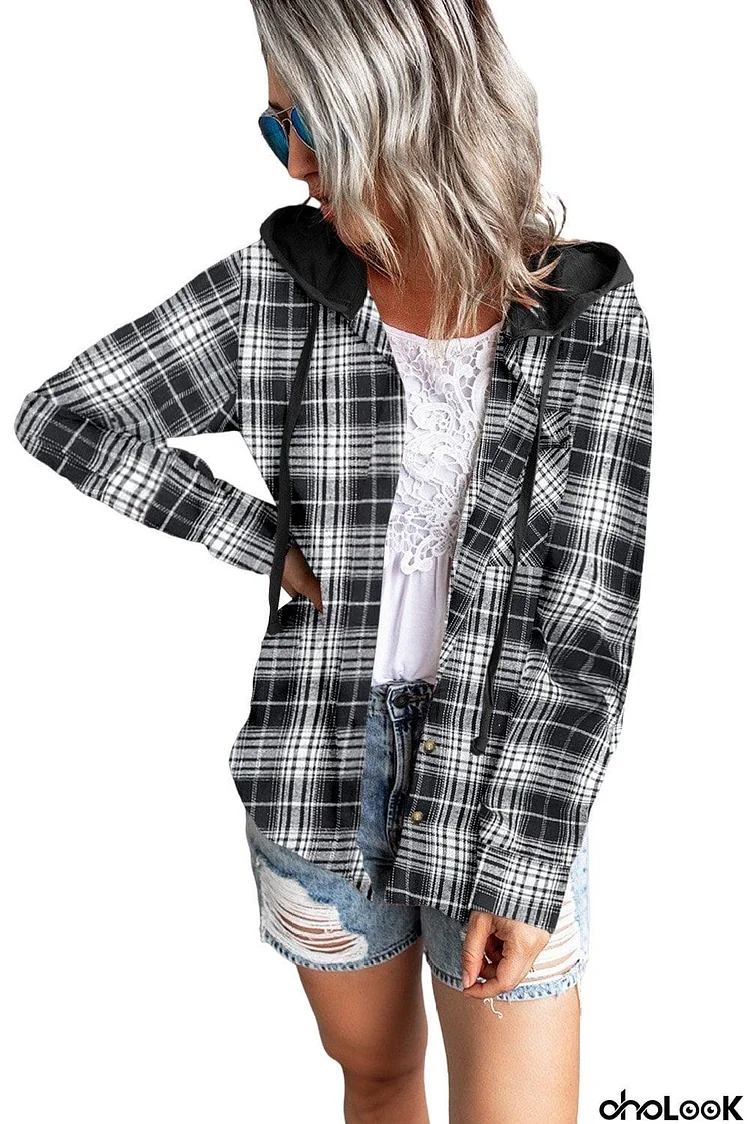 Black Plaid Hooded Shirt Coat