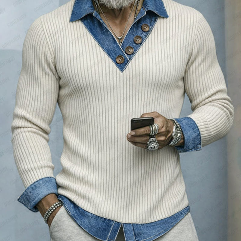 Men&rsquo;s Denim Patchwork Knit Shirt &ndash; Layered Look Casual Long Sleeve Top
