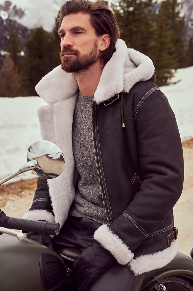 Classic Sheepskin B-3 Bomber Jacket with Detachable Hood