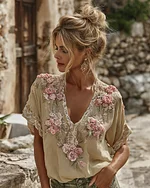 Women's Spring Floral Embroidered Art Print Flowy Linen Blend Short Sleeve Casual Tops - Image 8
