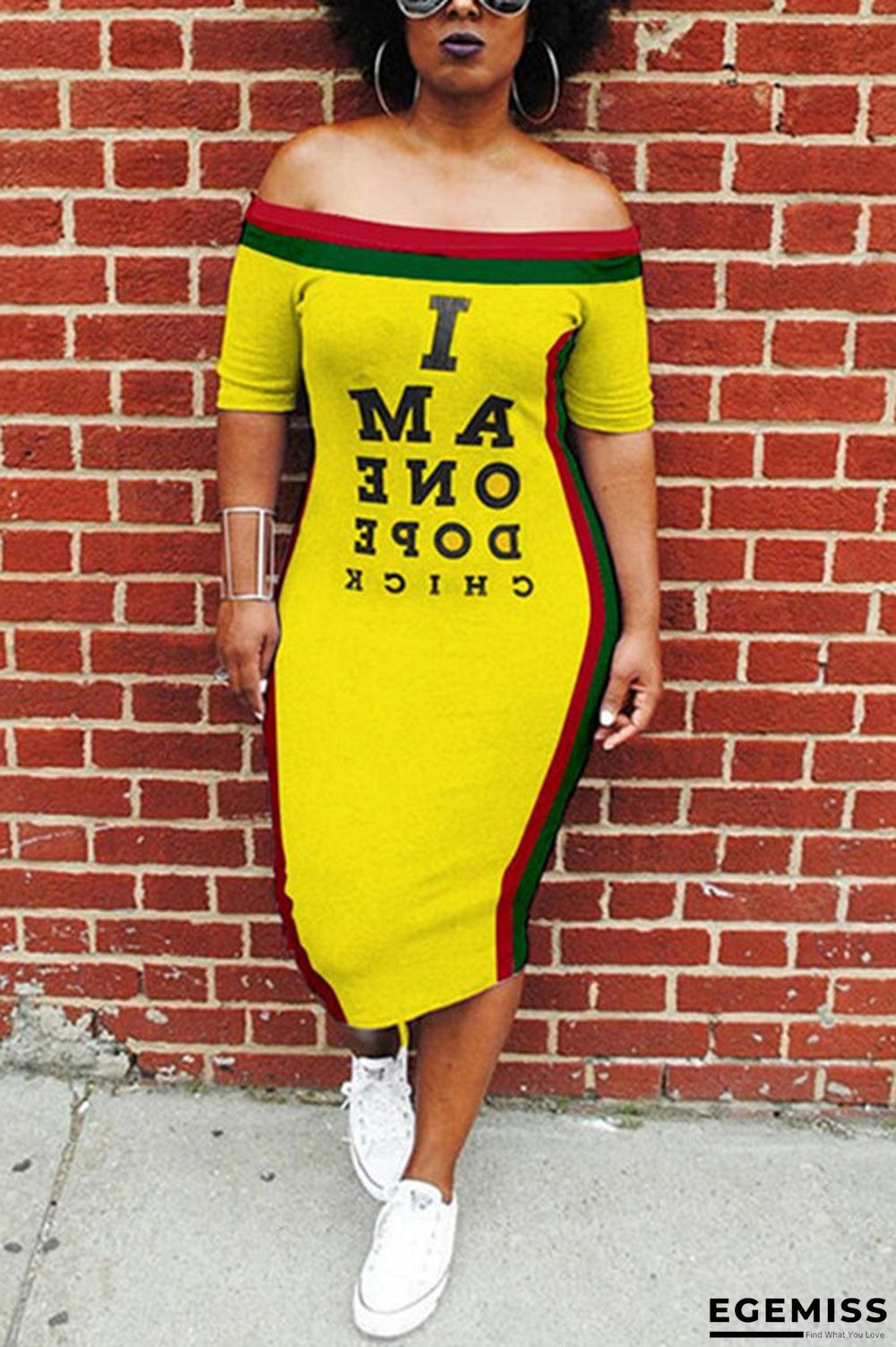 Yellow Sexy Fashion Off The Shoulder Short Sleeves One word collar Step Skirt Mid-Calf Print Patchwork Pri | EGEMISS