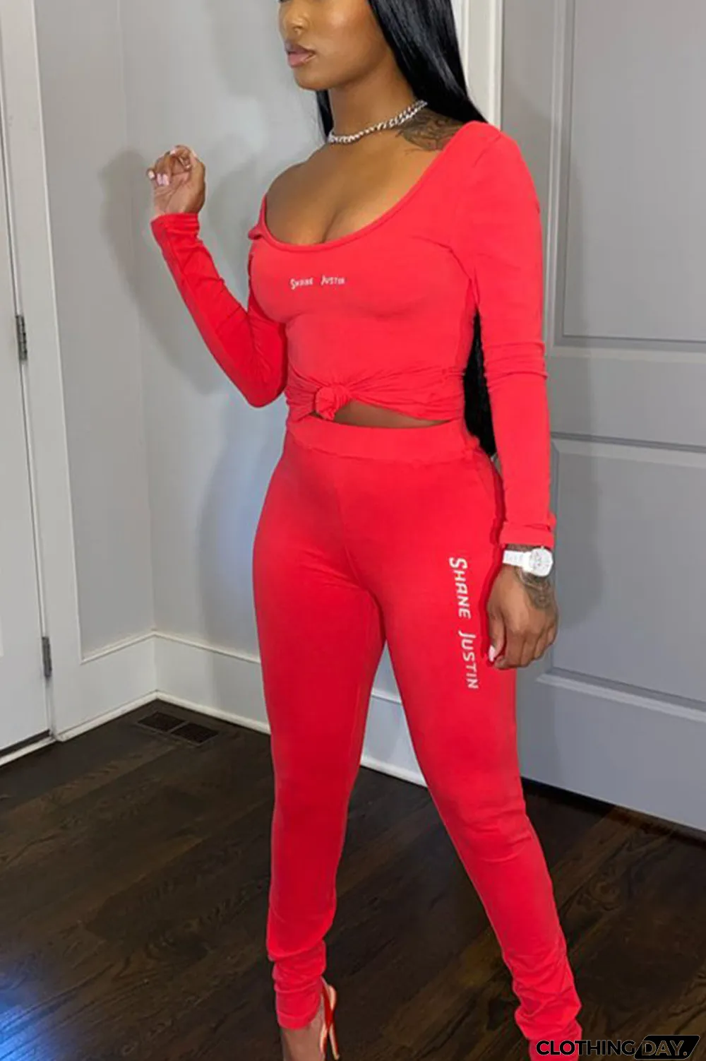 Red Casual Solid Letter O Neck Long Sleeve Two Pieces