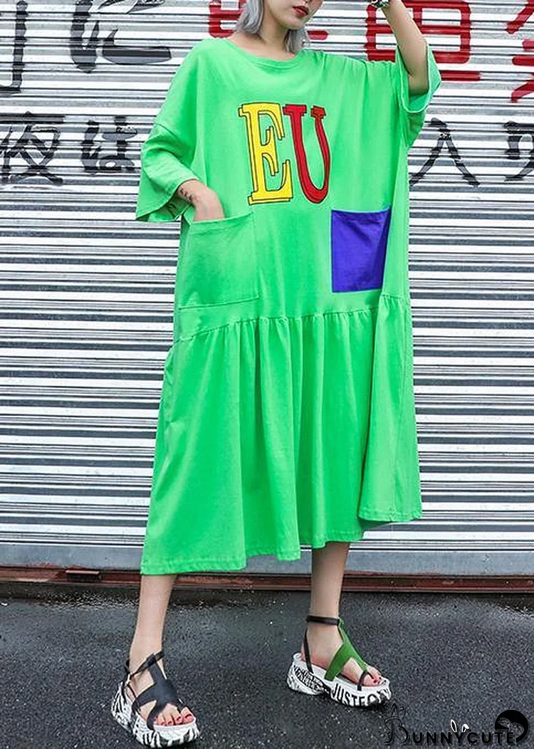 Handmade green print cotton Wardrobes o neck pockets long summer Dress
