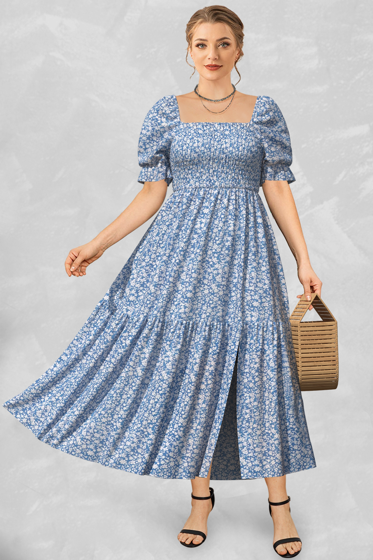 Flycurvy Plus Size Daily Casual Blue Square Neck Smocking Ditsy Print Tiered Split Midi Dress