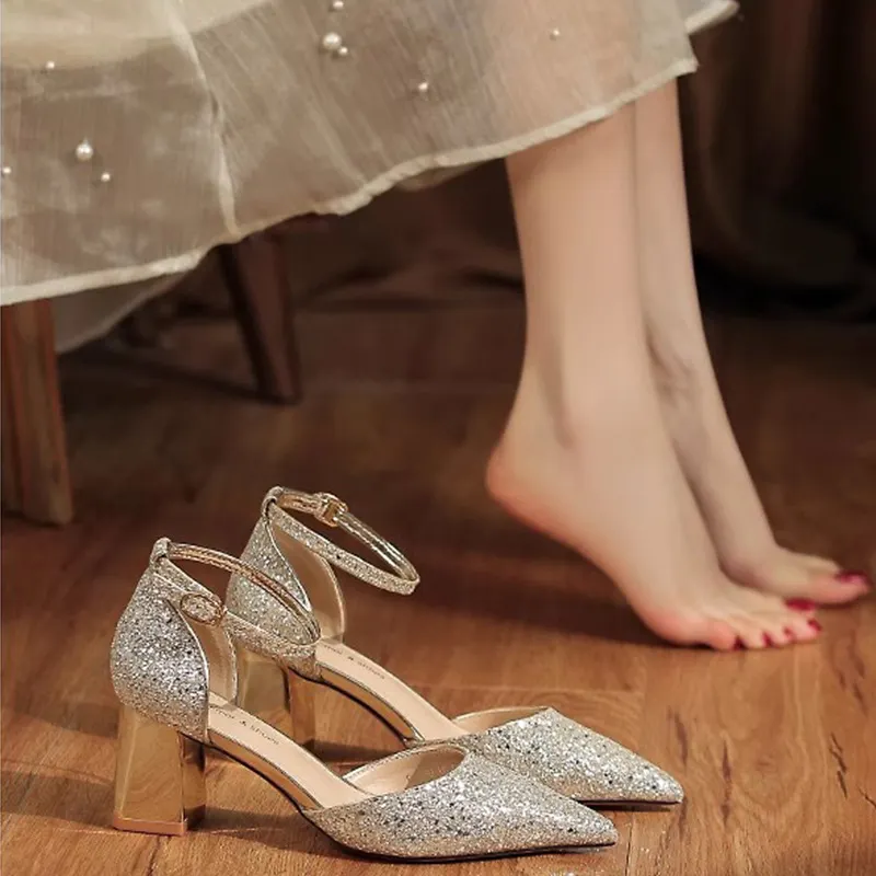 Breakj Breakj Shoes Crystal Shoes Women Wedding Shoes White Wedding Shoes Coarse Hedliers Buckle High Heels