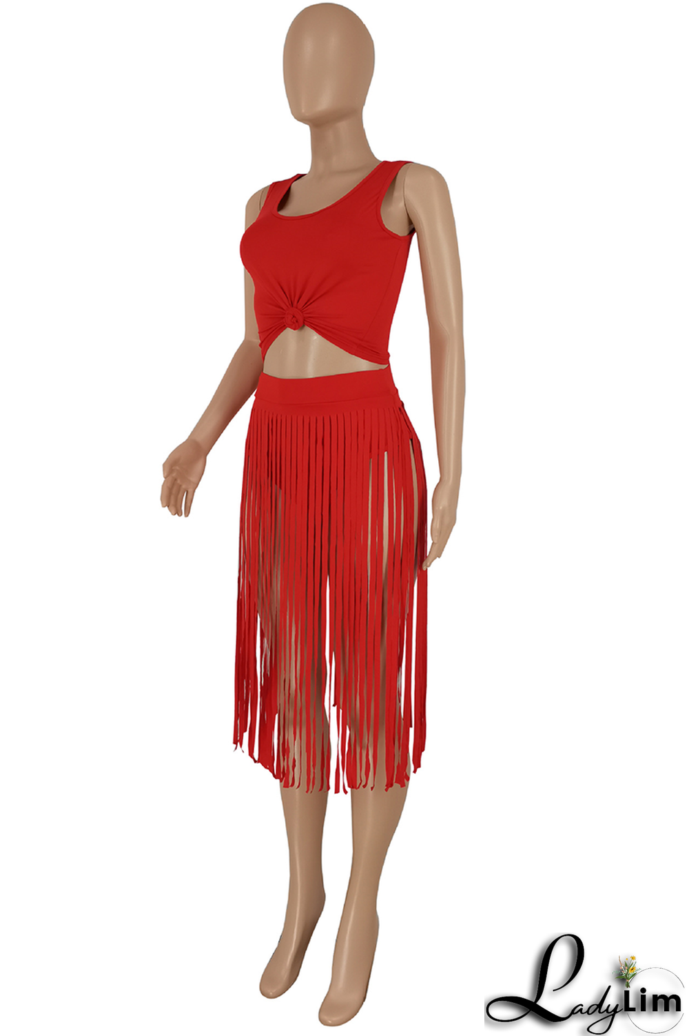 Black Sexy Solid Tassel U Neck Sleeveless Two Pieces