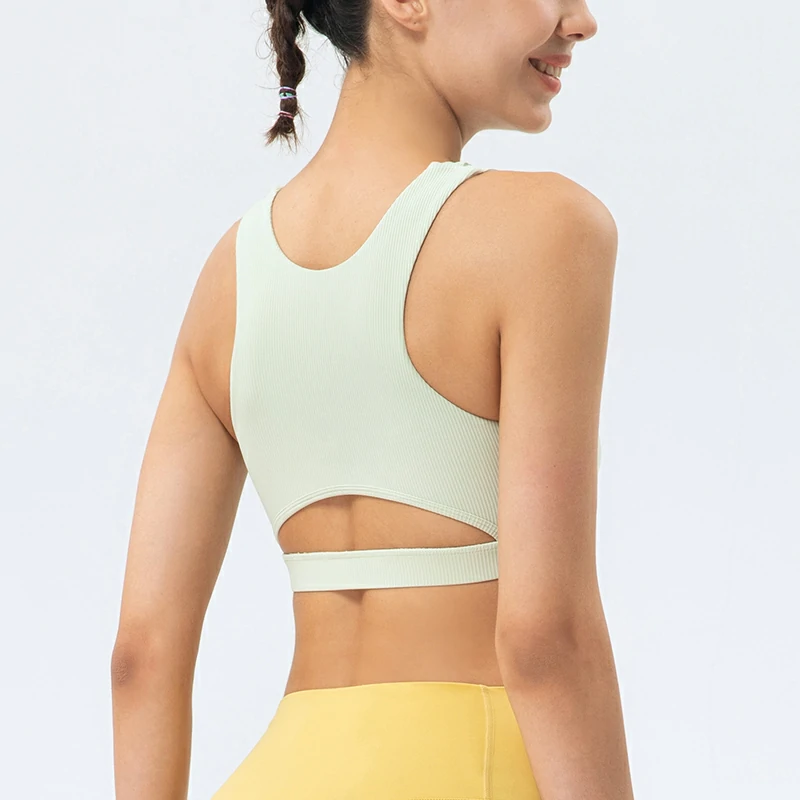 Hergymclothing high quality sports bra with cross front light cream green