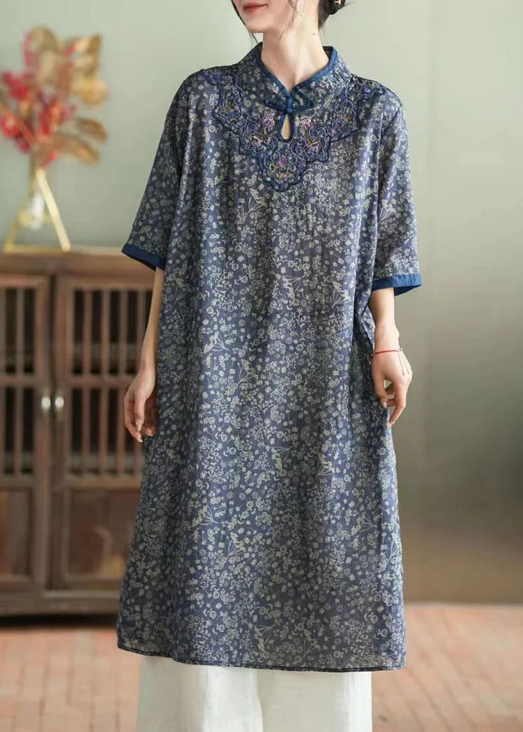 Chic Purple Stand Collar Embroideried Button Linen Long Dress Half Sleeve