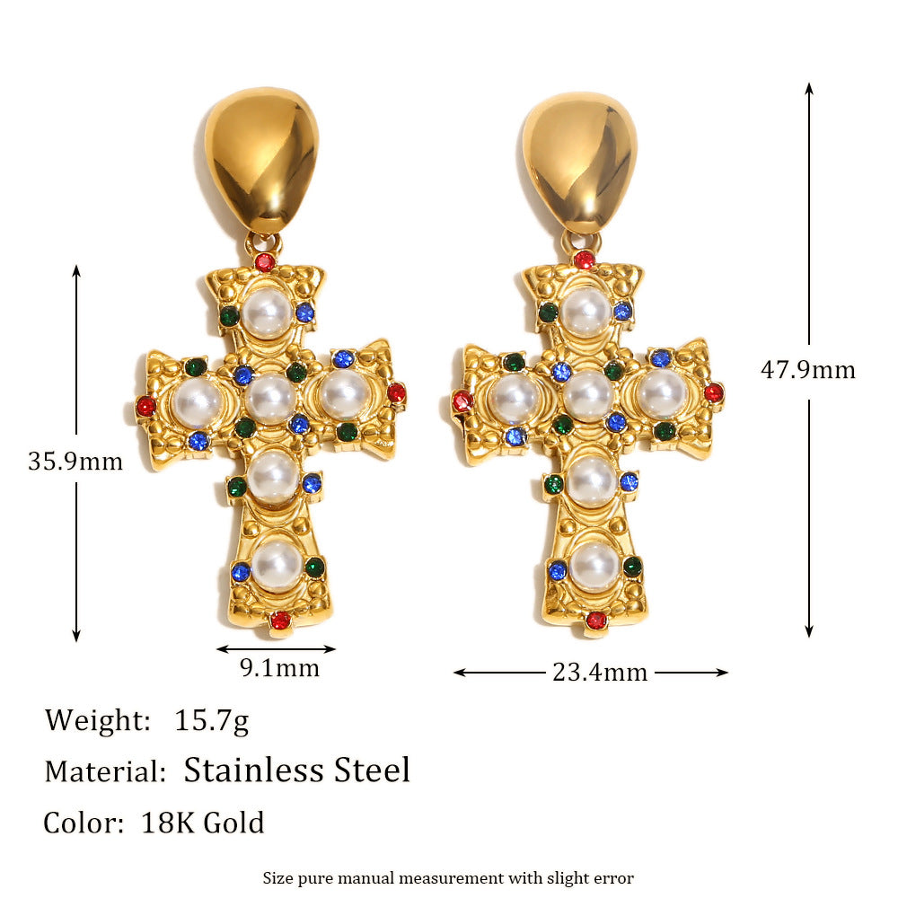 Vintage Earrings Stainless Steel Plated 18K Gold Vintage Diamond Pearl Cross Earrings For Women
