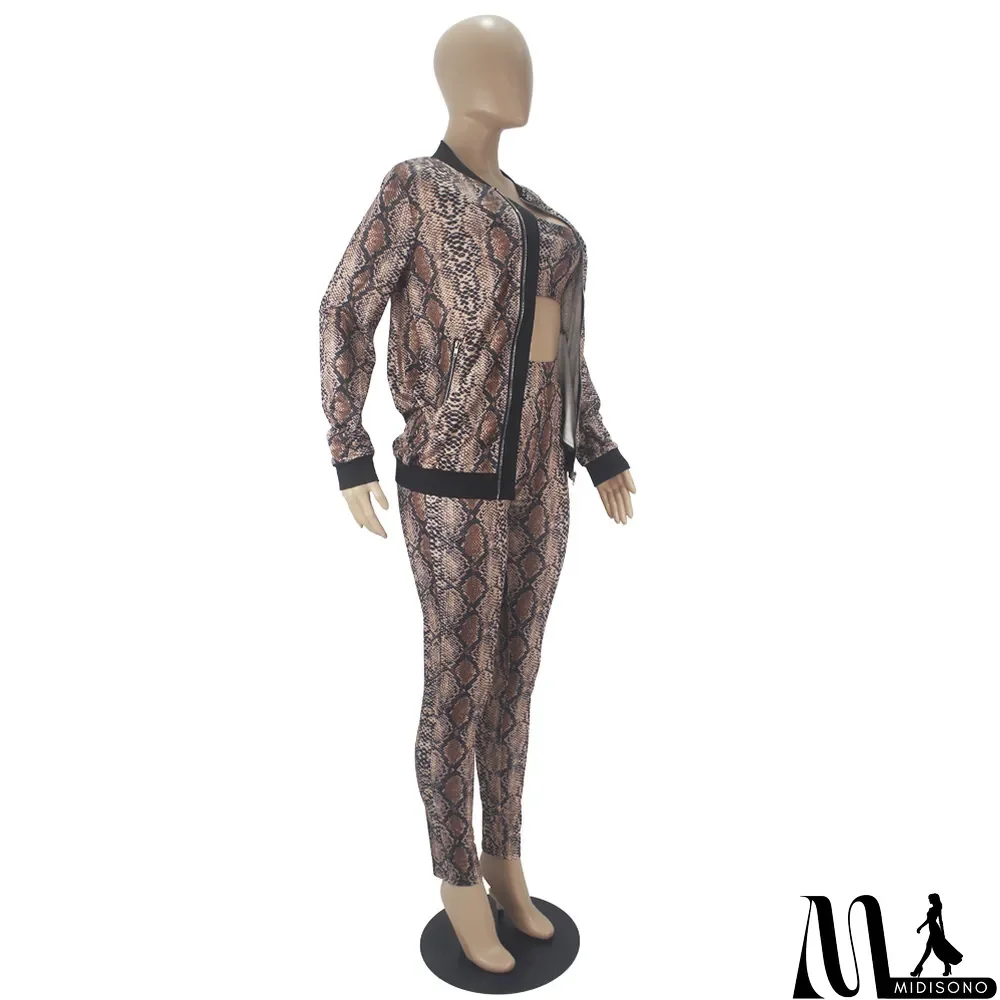 MidiSono - Snake Print Zipper Cardigan Wrapped Chest Three-piece Suit