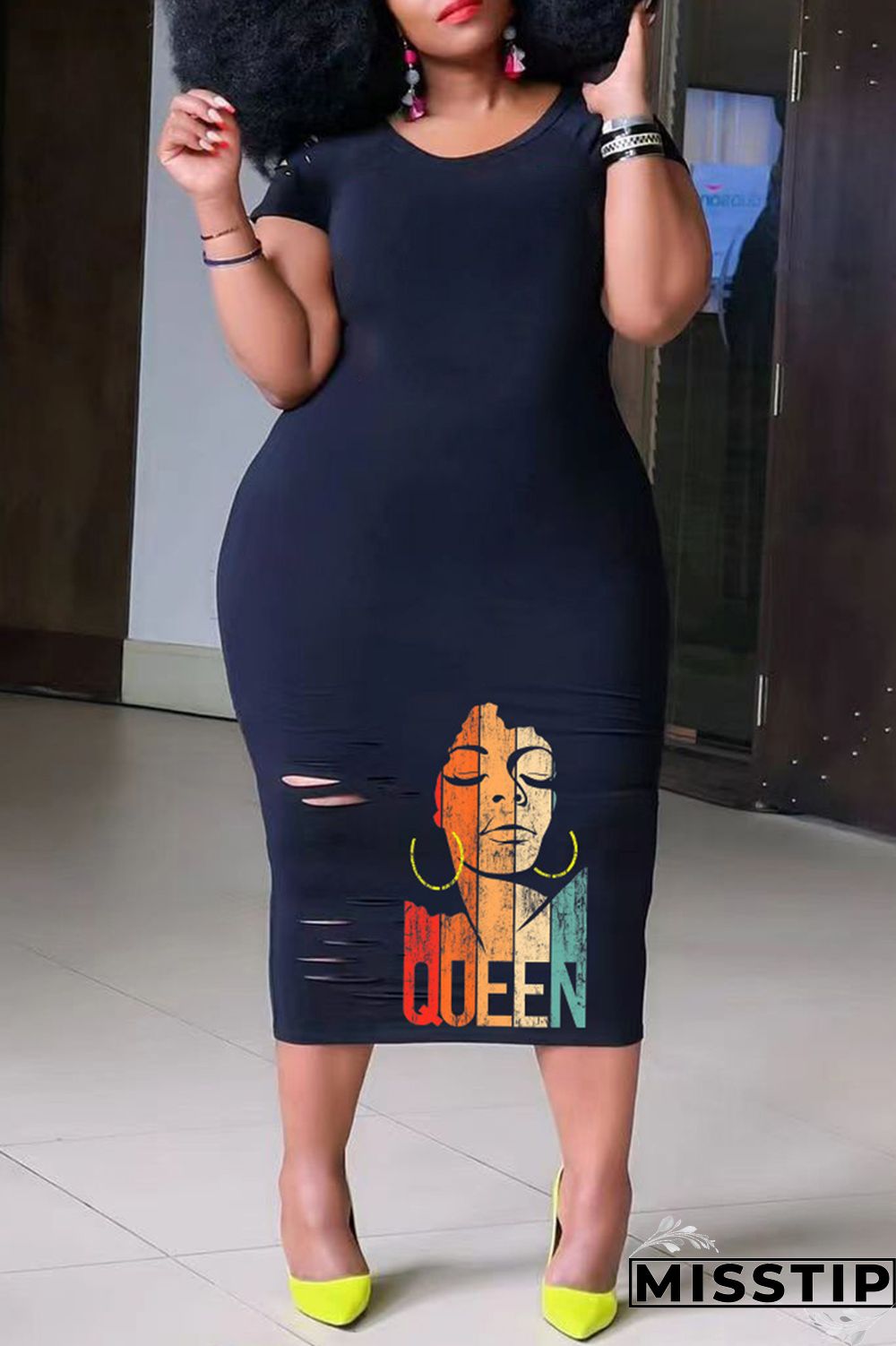 Black Casual Print Ripped O Neck Short Sleeve Dress Plus Size Dresses