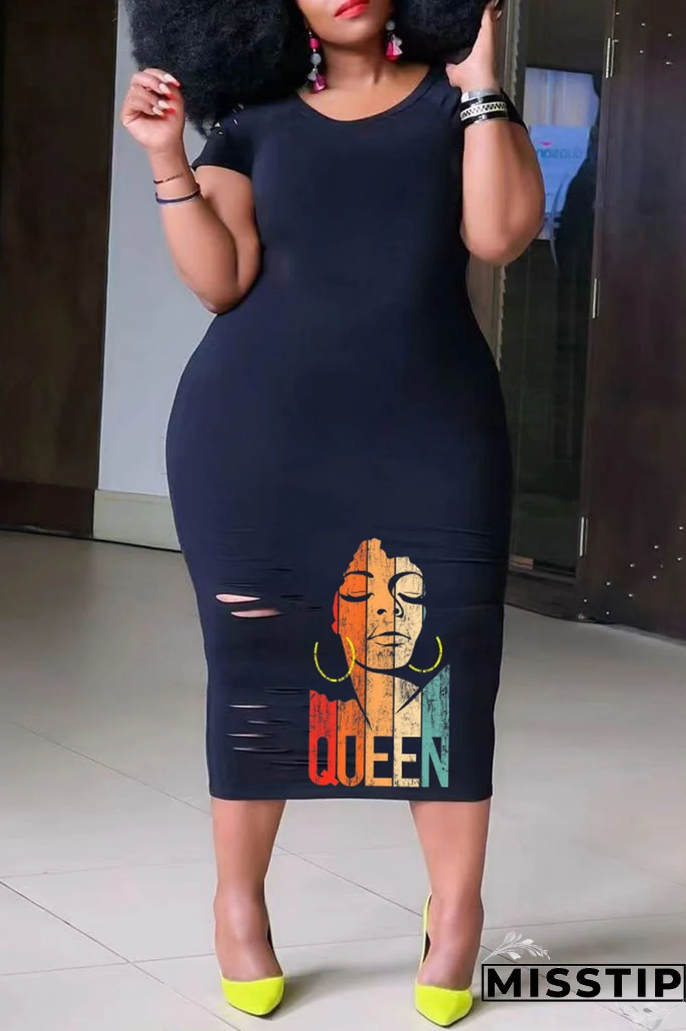 Black Casual Print Ripped O Neck Short Sleeve Dress Plus Size Dresses