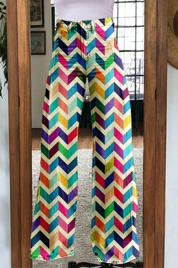 Vintage Stripe Print Wide-Leg Trousers
