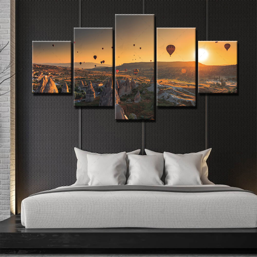 Hd Prints Home Decoration Sunset Pictures Wall Art Modular Poster Hot Air Balloon Painting 5 Panel Canvas For Living Room Frame