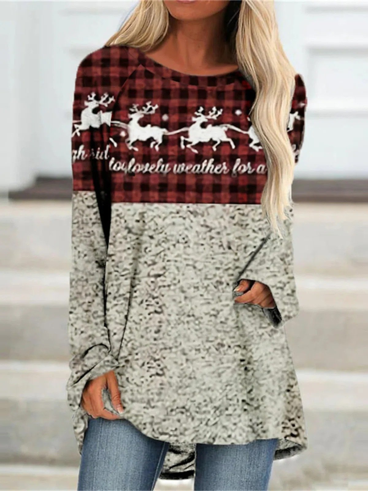 Women Long Sleeve Scoop Neck Printed Graphic Top
