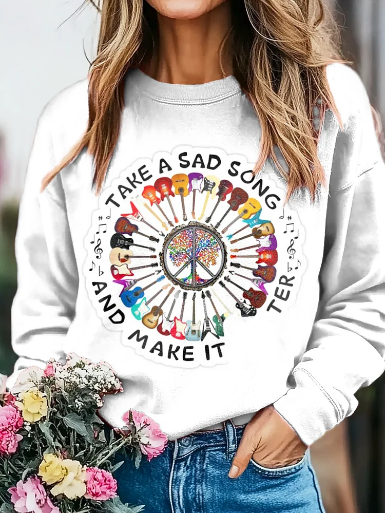 Guitar Hippie Graphic Art Print Casual Sweatshirt