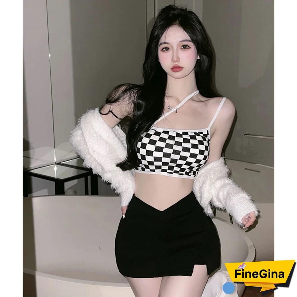 Summer Crop Top Korean Fashion Women Asymmetrical Shoulder Sleeveless Plaid Cami Kawaii Camisole Casual Streetwear