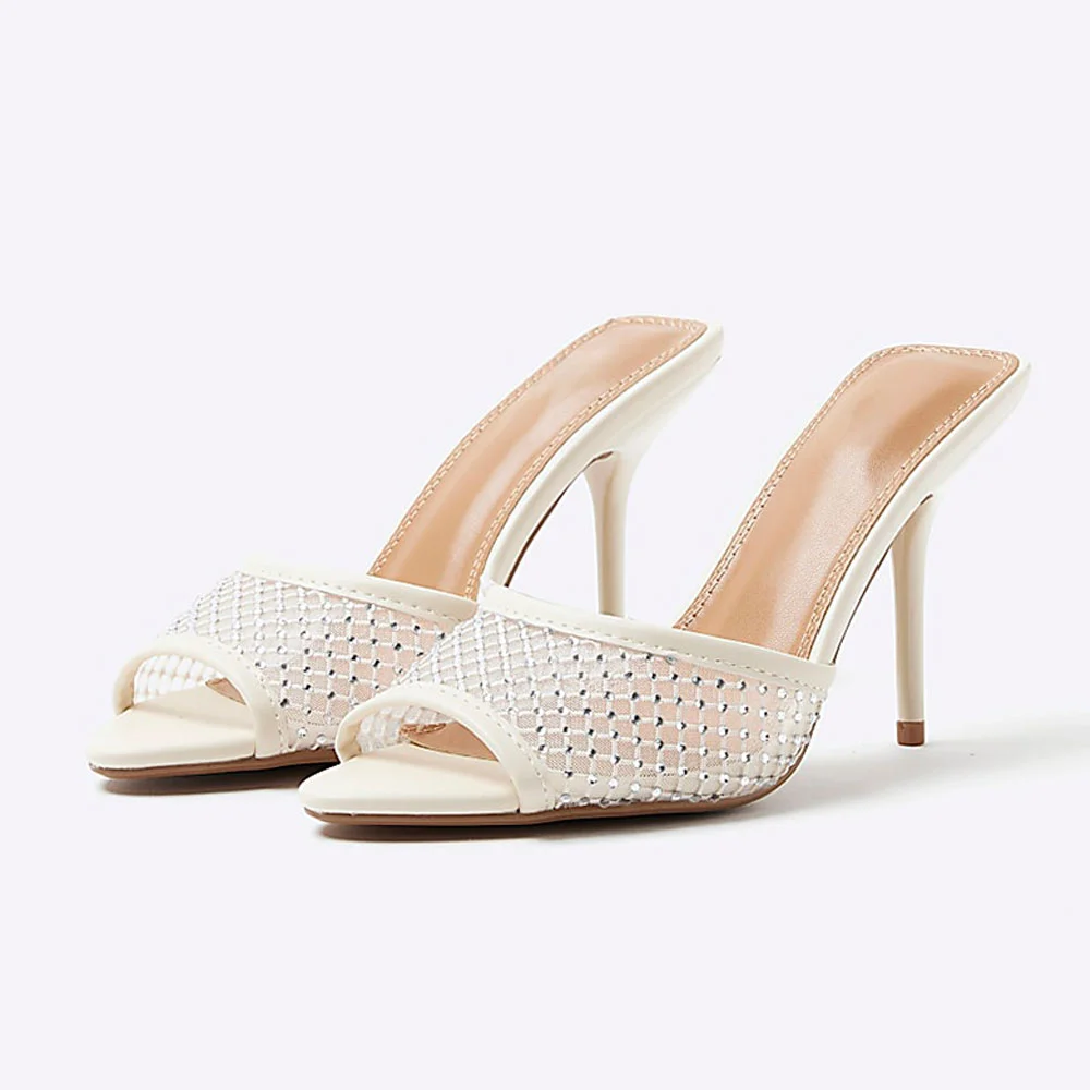 Ivory Rhinestone Mesh Open Toe Stiletto Heel Mules Sandals