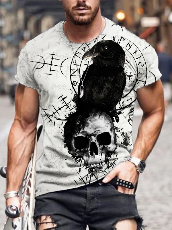 BrosWear Men's Raven & Skull Viking Vegvisir Round Neck T Shirt