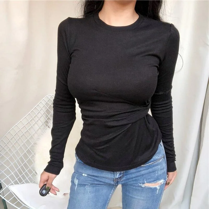 AOSSVIAO  Women O-neck Long Sleeve T shirts Lady White Cotton Tops Female Soft Casual Tees Women's Slim Frill Black T-shirt