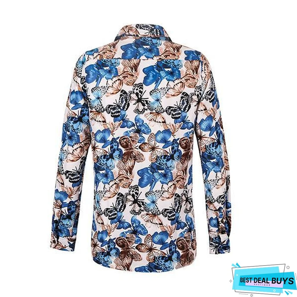 Men's Stylish Butterfly Printed Casual Slim Fit Long Sleeve Shirts