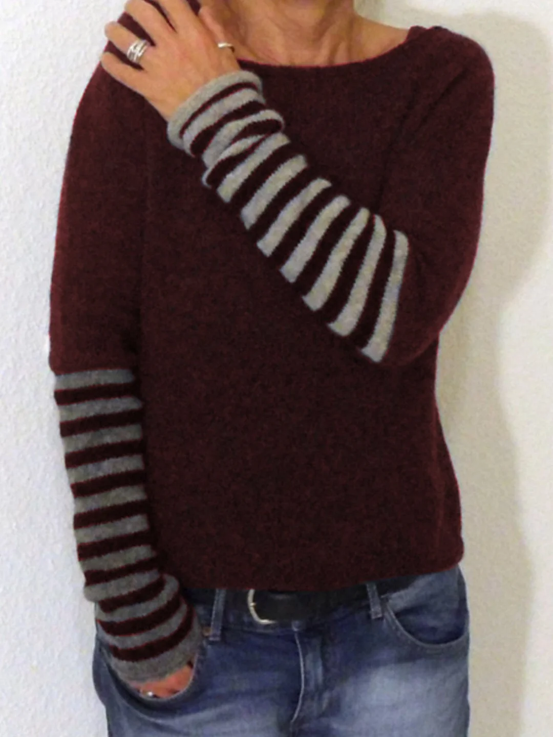 Black Round Neck Striped Cotton-Blend Casual Shirts & Tops