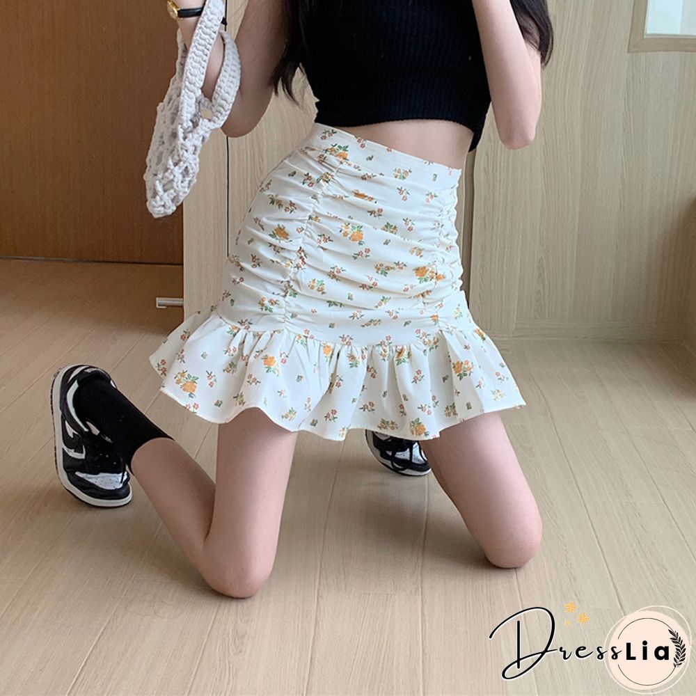 cute print trumpet mini skirt summer sweet high waist elegant a-line casual korean