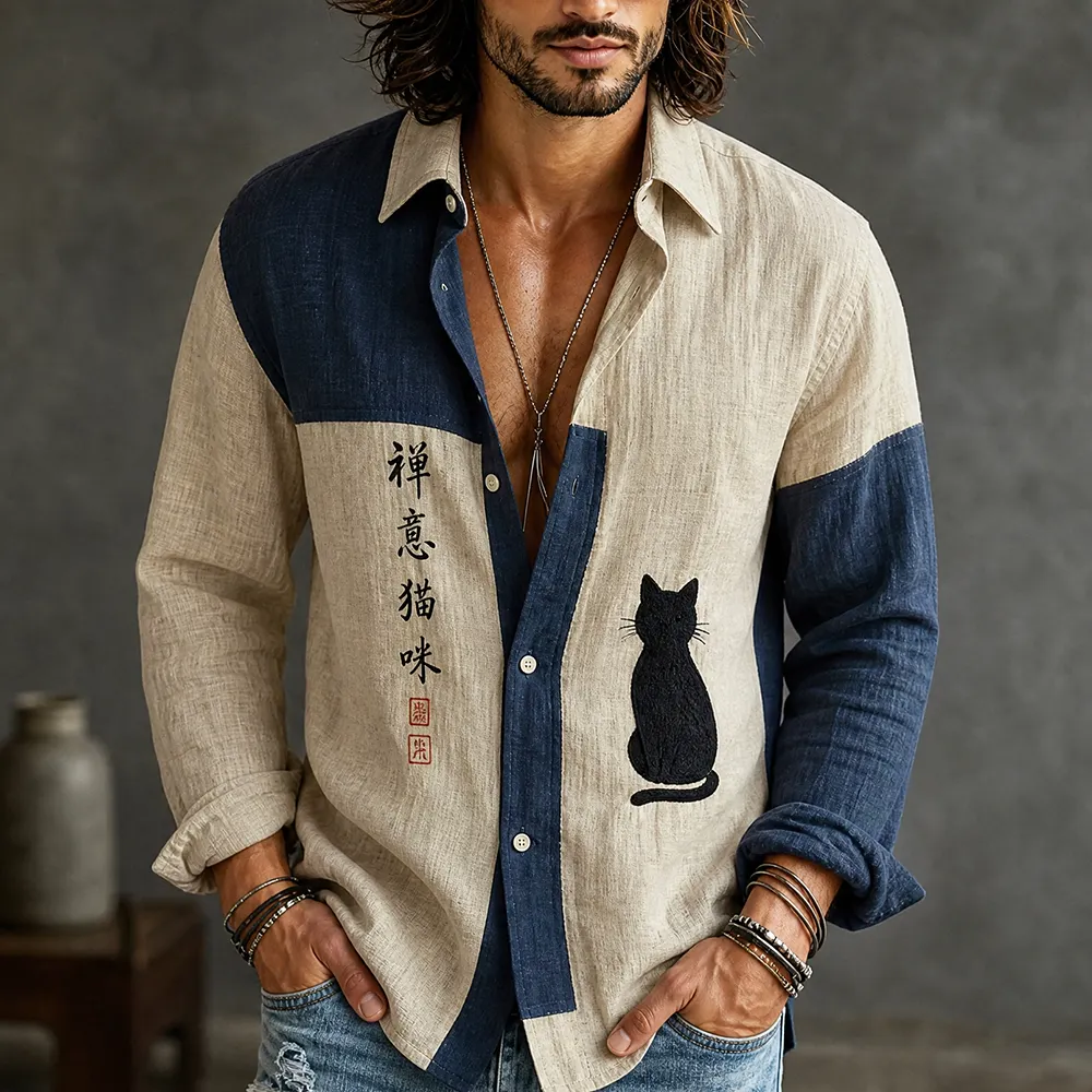Men's Color-blocked Long-sleeved Shirt, Decorated With Chinese Calligraphy And Black Cat Patterns.  artssus