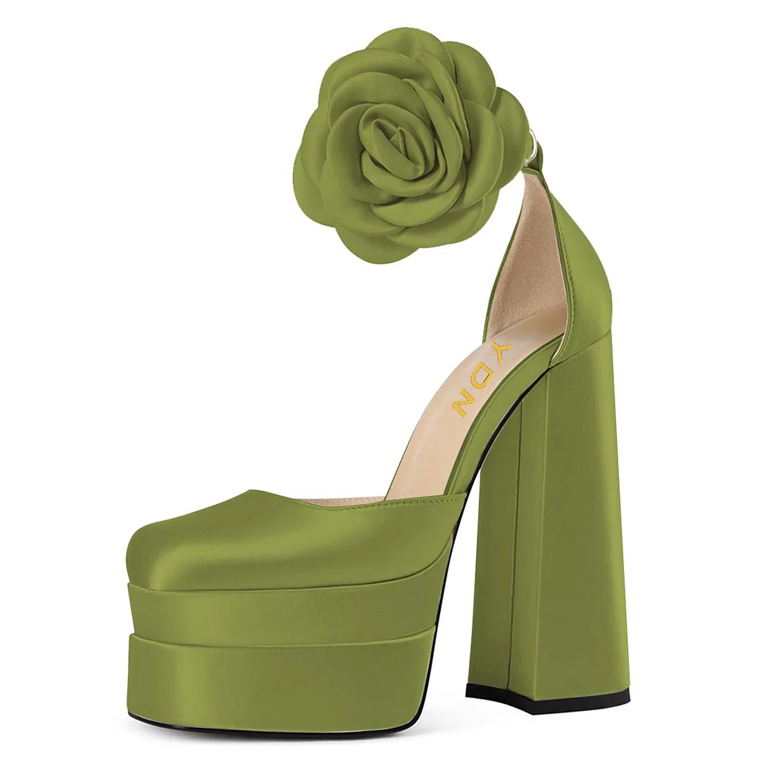 YDN Satin Flower Decor Square Toe Women's Platform Heels in Olive